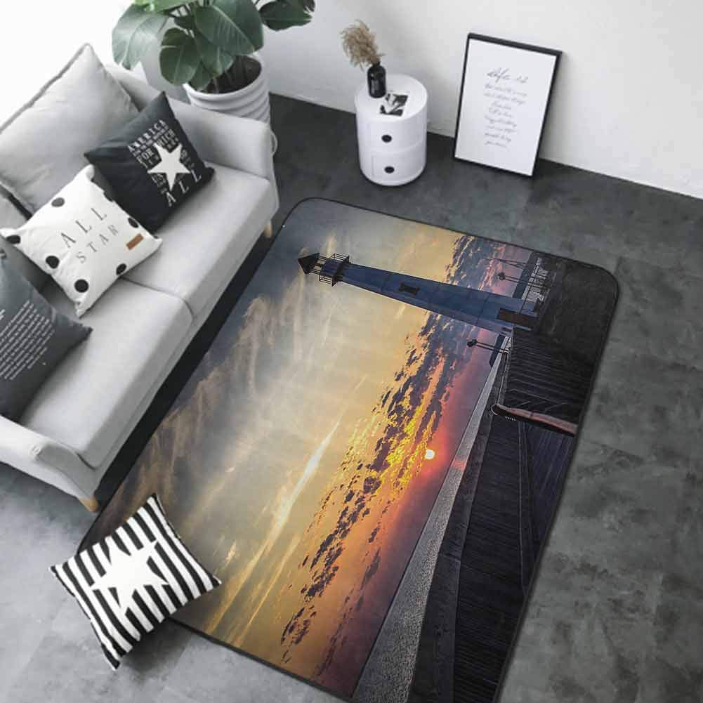 Bathroom Rug Kitchen Carpet Lighthouse,Michigan Sunrise Along The Shores of Beautiful St Ignace Michigan Nautical Journey Image Print,Dimgray and Orange 60"x 96" Contemporary Synthetic Rug