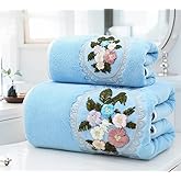 ABREEZE Floral Cluster Embroidered Bath Towel Set,2 Piece,Coral Velvet Soft Skin Absorbent Towel Set for Bathroom Gym,Blue(1 Bath Towel,1 Hand Towel)
