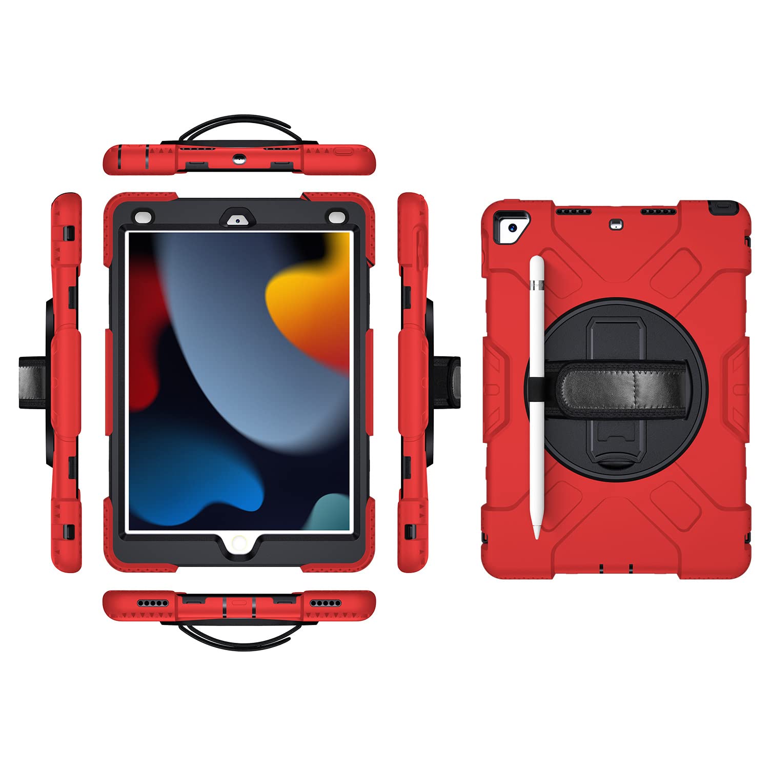iPad 10.2 2019/2020/2021 Generation Case with Screen Protector Pencil Holder Kickstand 360 Rotating Hand Strap Hand Strap Kickstand Robust Protective Case (Red)