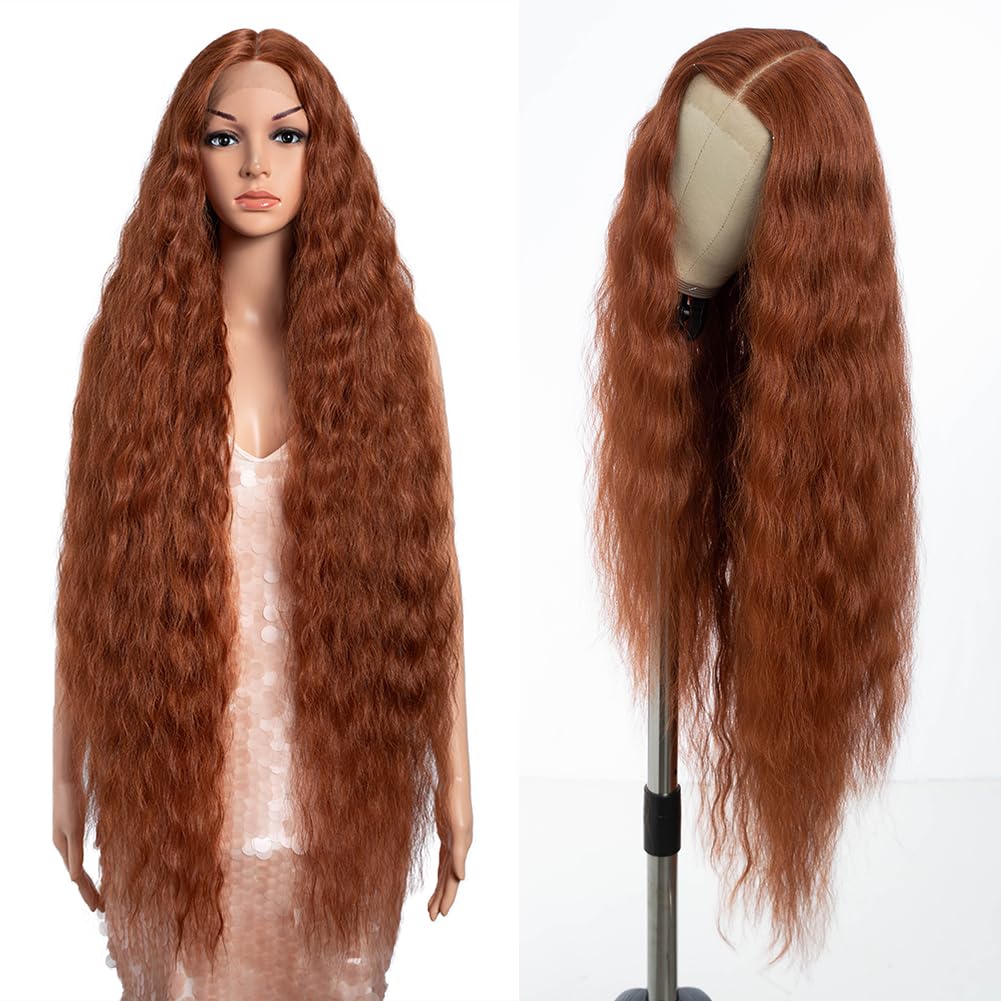 Style Icon Super Long Lace Front Wig 40 Inches Long Curly Wave Wig for Women Reddish brown Synthetic Lace Front Wig T Part Lace Wig with Baby Hair Heat Resistant Fiber 150% Density