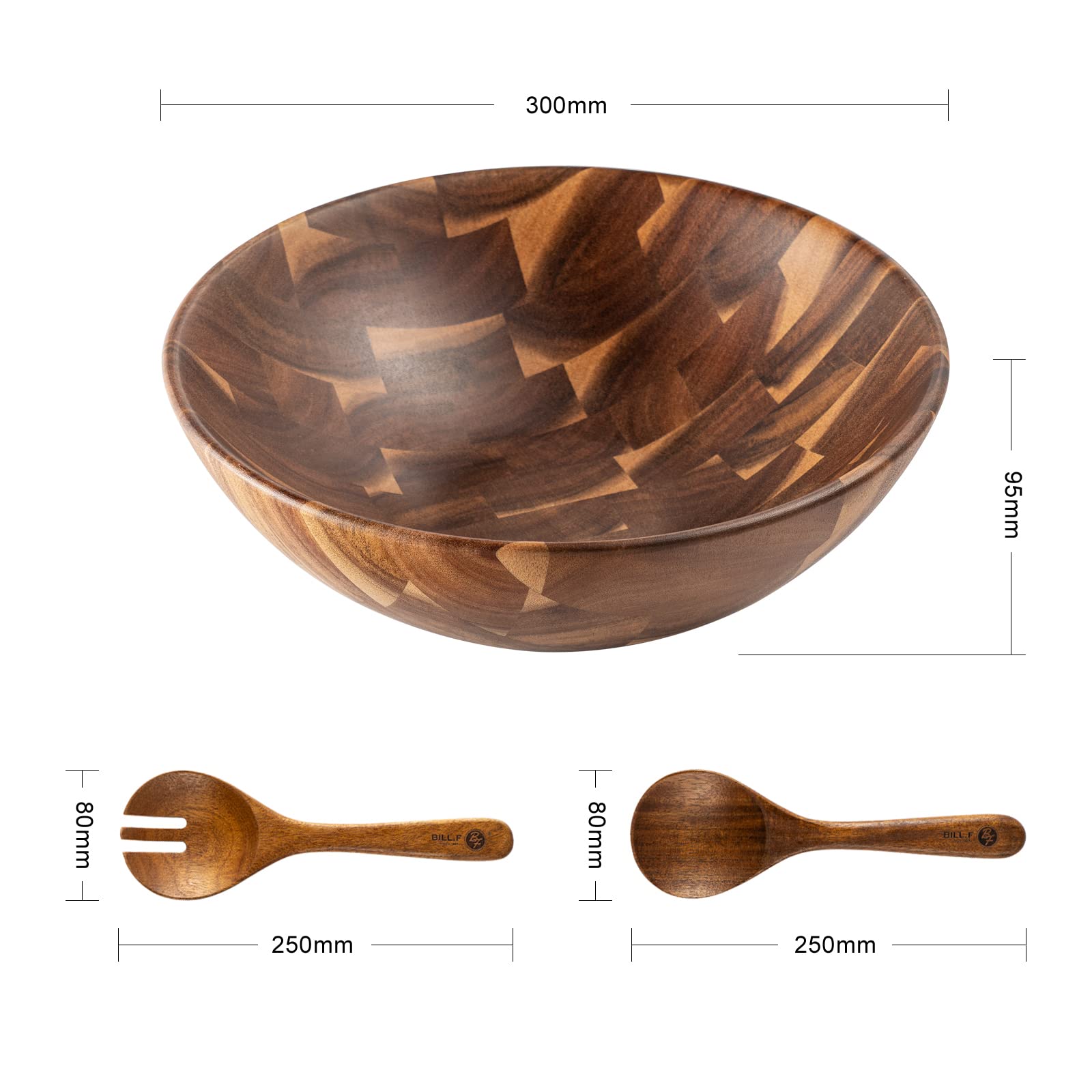 Bill.F Salatschüssel aus Holz, Salatschüssel-Set aus Akazienholz, Große Salat-Rührschüssel mit Servern, 3-teiliges Großes Salatschüssel-Set D30*10cm 2