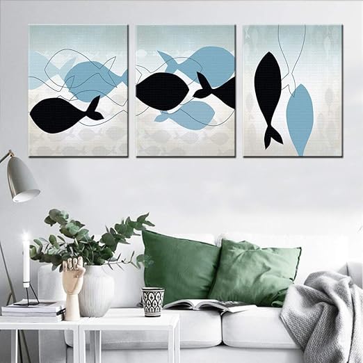 Zxddzl Blaue Geometrische Fischolgemalde Nordic Wohnzimmer Dekoration Malerei Restaurant Hotel Rahmenlose Malerei Wand Wohnzimmer Triptychon Malerei 3 Stucke 50 60 Cm Amazon De Kuche Haushalt