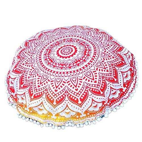 KMG Kimloog Round Pillow Cover, Decorative Mandala Pillow Sham, Indian Bohemian Ottoman Poufs, Outdoor Cushion Cover, Pom Pom (E)