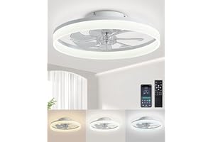 AQUBT Ceiling Fans with Lights and Remote,20" Fandelier Ceiling Fan Flush Mount,3000-6500K Smart Bladeless LED Fan Light,Modern Low Profile Ceiling Fan with Light for Bedroom,Kids Room and Living Room.White