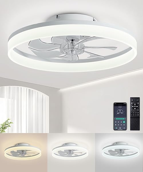 FANCYMAY CEILING FANS WITH LIGHTS AND REMOTE, 20″ MODERN LOW PROFILE CEILING FAN WITH LIGHT, STEPLESS COLOR TEMPERATURE CHANGE AND 6 SPEEDS, FLUSH MOUNT CEILING FANS FOR BEDROOM, KIDS ROOM.（WHITE）