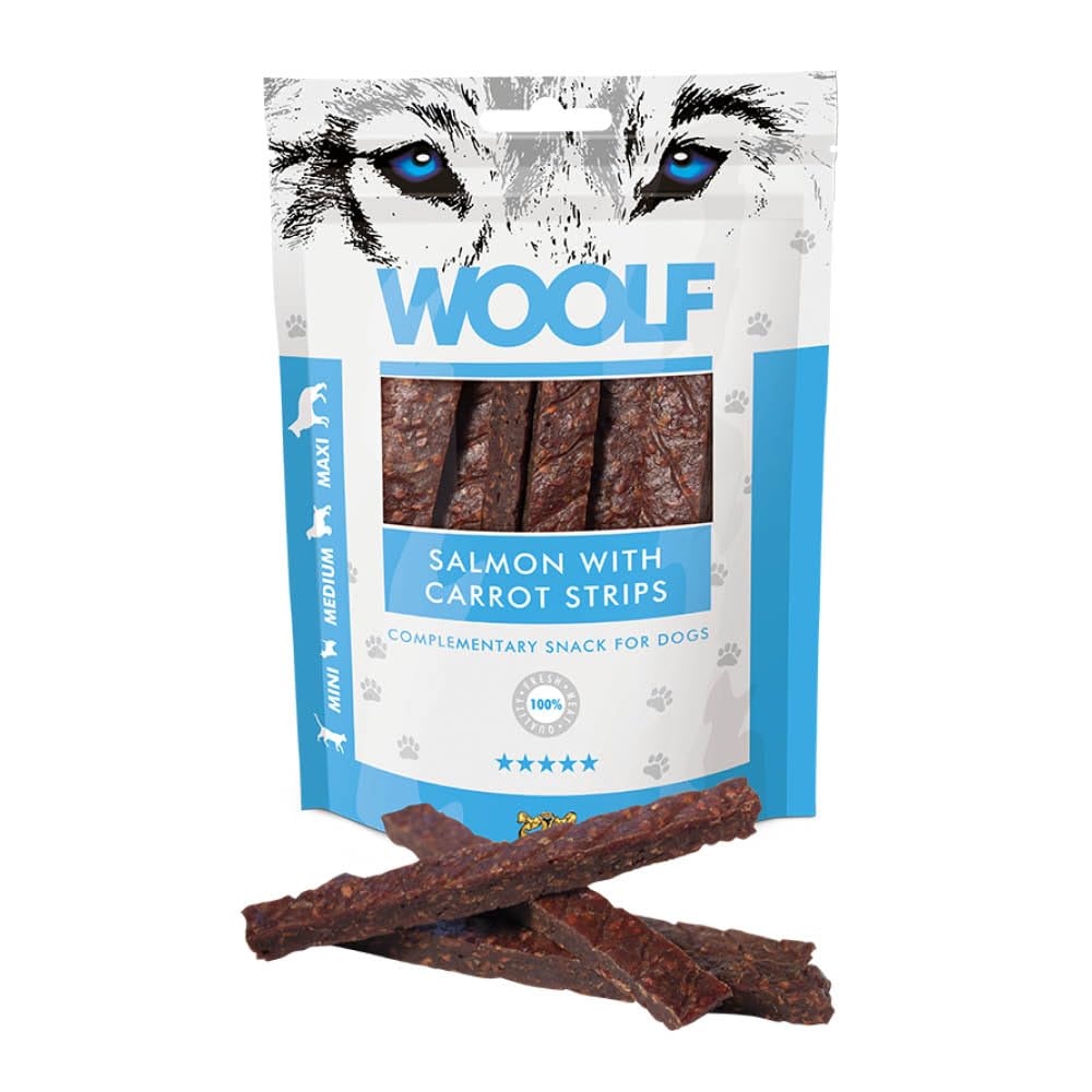 WOOLF Salmon with Carrot Strips - Complementary Snacks for Dogs. Dog Treats with All-Natural Ingredients, High Meat Content, Free from Artificial Additives. Suitable for Dogs (100g)