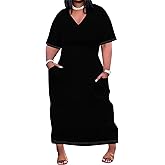 SUZONANA Women Casual T-Shirt Dress V Neck Short Sleeve Solid Color Oversize Dress with Front Two Pockets