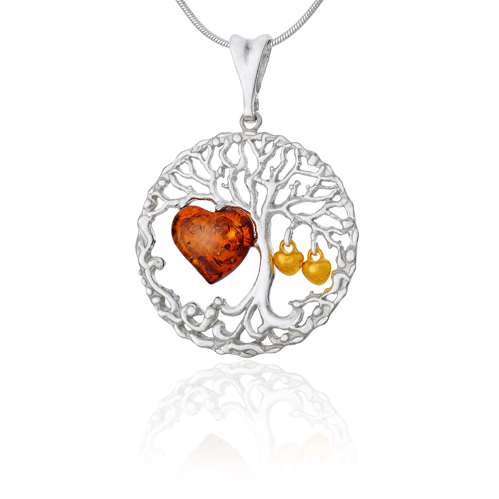AMBEDORA Women's 925 Silver Gold-Plated 14k Baltic Amber Heart Necklace Celtic Tree of Life Pendant with Amber Heart on Snake Chain Ready, Gift Set