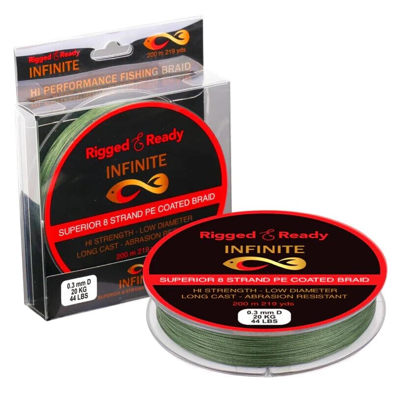 Rigged and Ready Infinite Hi-performance Fishing Braid-44lb 20kg PE Coated Line-200m. Braided 8 Strand Low Diameter No Stretch Long Cast Abrasion Resistant Fast Sink. River Lake Sea Fishing