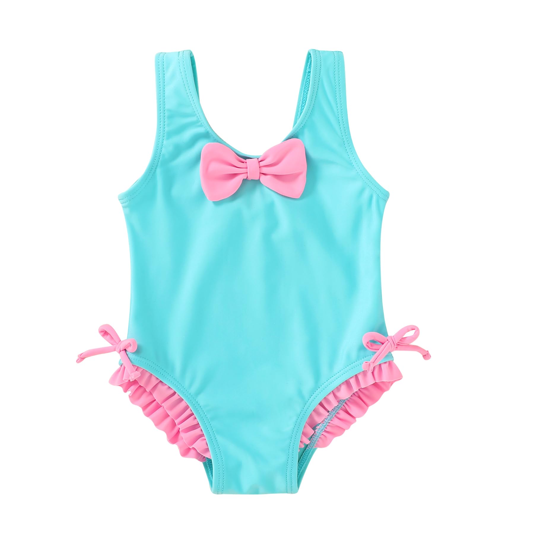 Photo 1 of YOUNGER TREE Toddler Swimsuit Girl Cute Stripe One-Piece Ruffle Swimwear Baby Girl Bathing Suits with Bow(9-12 Months,Blue and Pink Bow)
