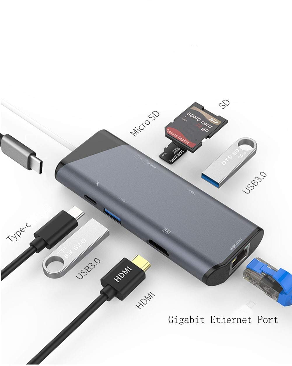 USB C Hub, SUNSEATON 7-in-1 Aluminum Type C Adapter with 2USB 3.0 Ports, MicroSD/SD Card Reader, 4K HDMI, Gigabit Ethernet Port, Type-C Charging Port, for Notebook and Phone with Type-C Port