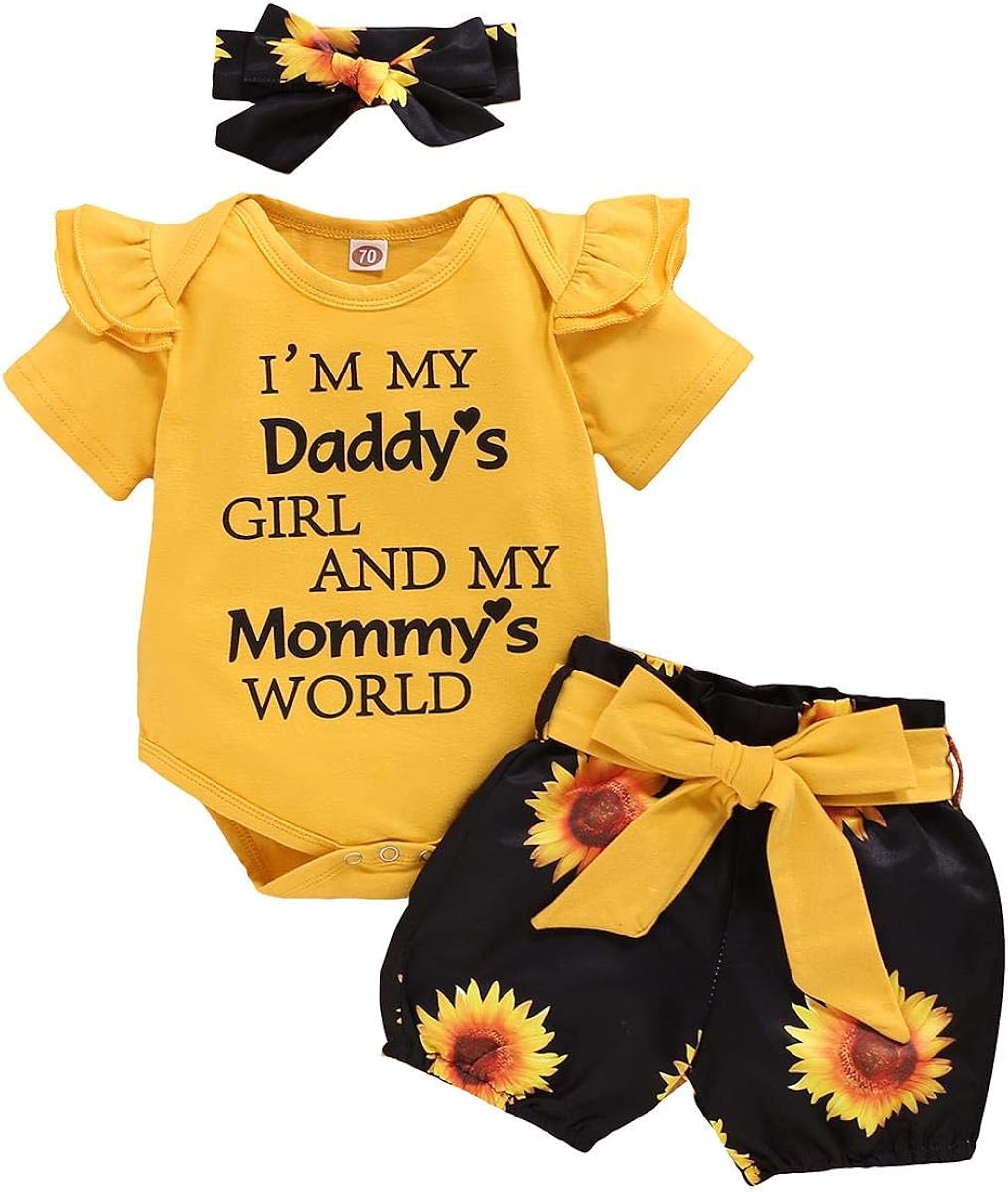 Isn't She Lovely Newborn Baby Girls Coming Home Outfit Ruffle Romper Shorts Pants Headband 3PCS Summer Clothes Set