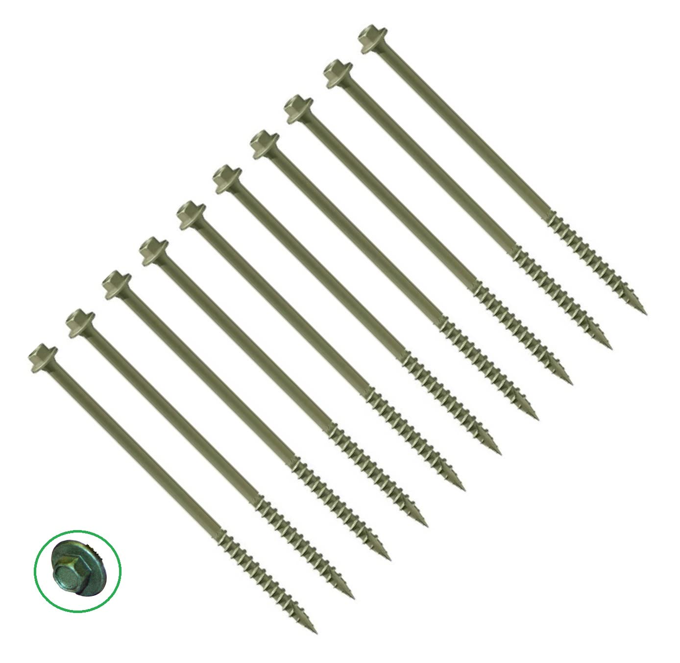 TERF® Heavy Duty Landscape Hex Washer Head Screws 7.0 X 200mm Hex Flanged Head Drive Green Finish Anti Corrosion Screws 7.0 X 200mm For Outdoor Timber Frame Construction Landscape Screw - Pack of 10