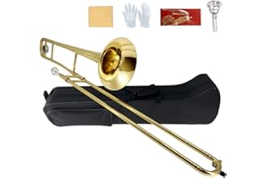 YoungMonic Bb Tenor Slide Trombone B Flat Gold Brass Plated Trombone for Beginners and Adults with Mouthpiece Carrying Case White Gloves Wipe Cloth