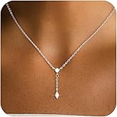 Bouzilli Gold/Silver Necklace for Women, Dainty 14K Gold/Sterling Silver Plated Necklaces, Minimalist CZ Diamond Pearl Pendant Trendy Satellite Y-Shaped Chain Jewelry Gift for Women