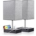 lifeholder Fully Dimmable Table lamp, Lamps with Two Phone Stands and AC Outlet, Bedside Lamp with Two LED Bulb for Bedroom, Living Room,Study(Set of 2) Light Grey