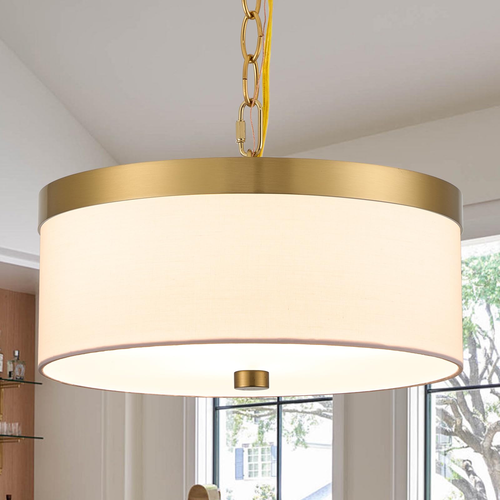 Photo 1 of 3-Lights Modern Fabric Chandelier for Dining Room, 12'' Modern Drum Chandeliers, Height Adjustable Gold Pendant Light, E26 Round Pendant Light Fixtures for Bedroom Living Room Kitchen Island Foyer