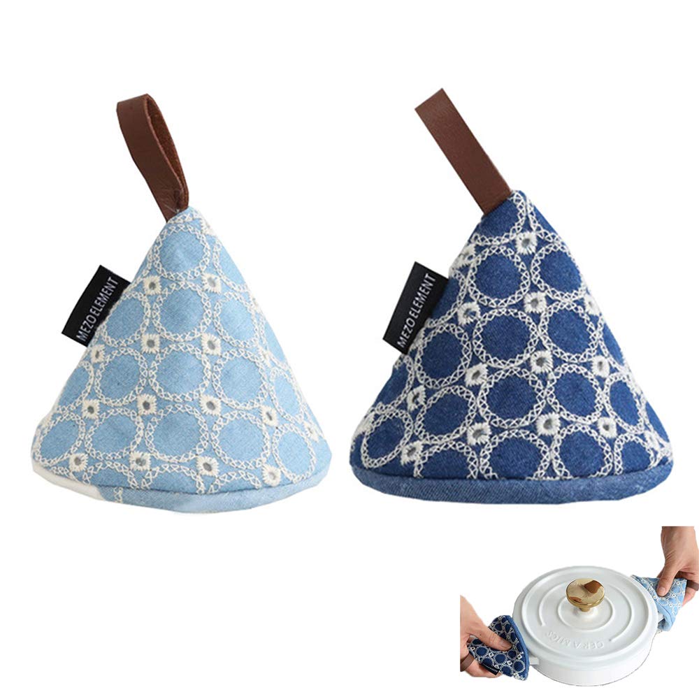 2PCS Mini Oven Gloves Heat Resistant, Embroidery Oven Mitts Cotton Quilted Pot Holder Kitchen Gloves Pinch Finger Protector for Pizza Oven Potholders Cooking Baking Barbecue Grilling Microwave Blue