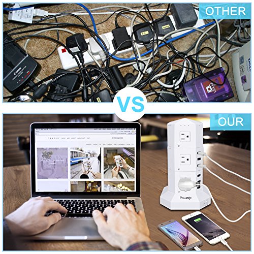 Power Strip USB Surge Protector Tower 12 AC Outlets with 6 USB Ports Chargers White-Powerjc - Thumbnail 4