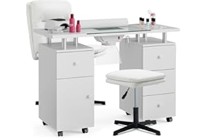 Paddie Manicure Table Set for Nail Tech, 3 Piece Nail Table Set, Modern Nail Desk Set, Glass Top Table Set with No Wheels Chair and Ottoman for Manicurist and Client(White)