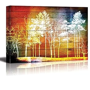 Silhouette Illustration of Trees on a Forest Over Colorful Wood Panels - Canvas Art Home Art - 12x18 inches