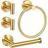 4-Piece Brushed Gold Bathroom Hardware Set, SUS304 Stainless Steel Toilet Paper Holder, Towel Ring & 2 Robe Hooks - Rustproof Wall Mounted Bathroom Accessories Kit