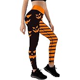 JIFRE Nude Feeling Pumpkin Head Stripes Print Slim High Waist Long Halloween Leggings for Women Halloween Party Yoga Workout