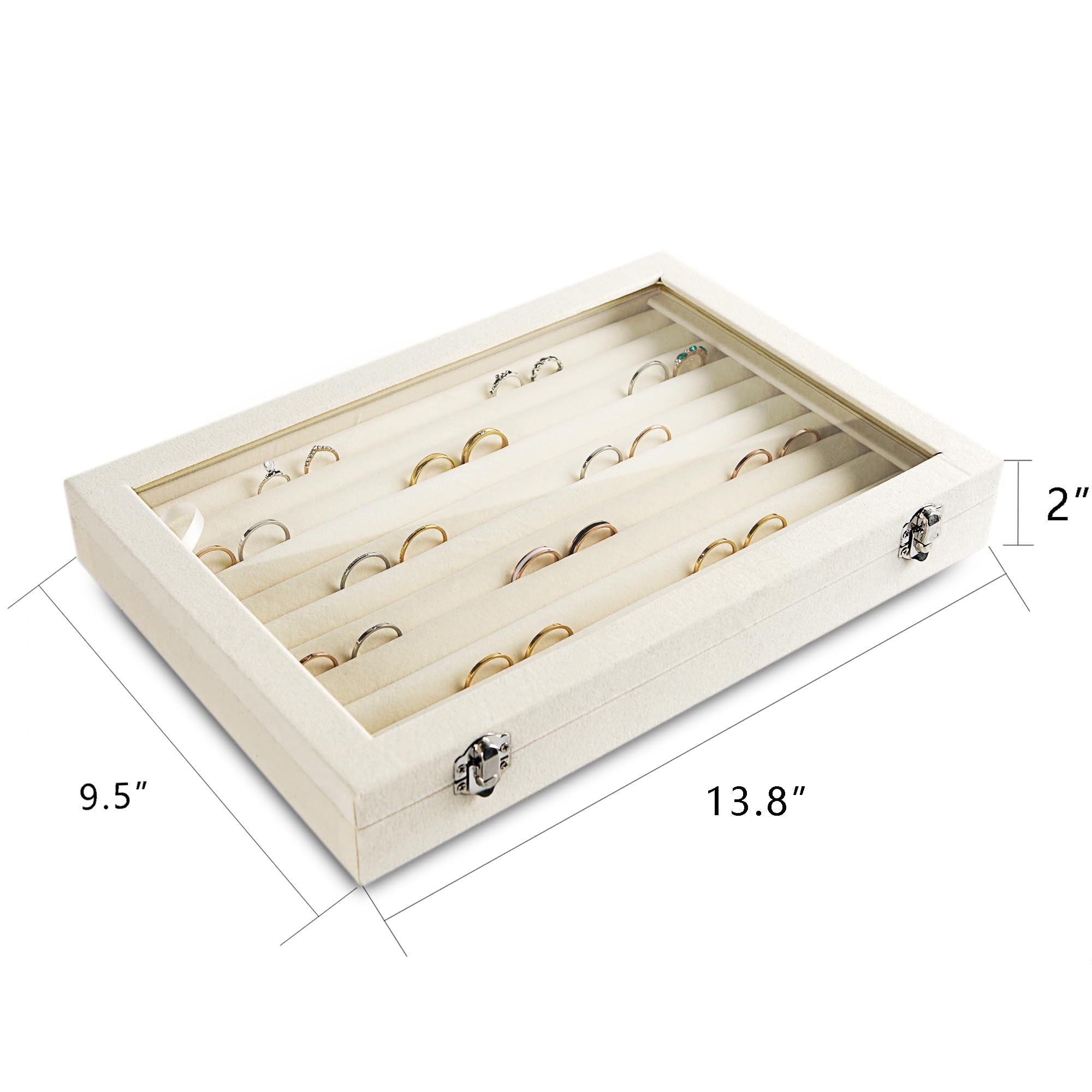 Frebeauty Frebeauty Rings/Earrings Organizer Tray with Clear Lid 10 Slots Velvet Drawer Insert Jewelry Storage box with Glass lid Jewelry Display Case Showcase Gift for Girls Women (Beige, 10 Slots)