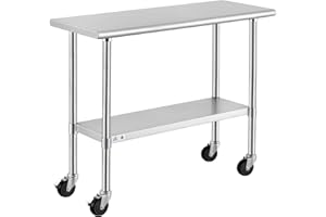ROCKPOINT Stainless Steel Table for Prep & Work with Caster Wheels 18x36 Inches, NSF Metal Commercial Kitchen Heavy Duty Table with Adjustable Under Shelf and Table Foot for Restaurant, Home and Hotel