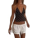 Women Sexy Camisole Top Sleeveless Backless V-Neck Polka Dot Print Tank Top Y2k Coquette Halter Neck Cami Crop Top