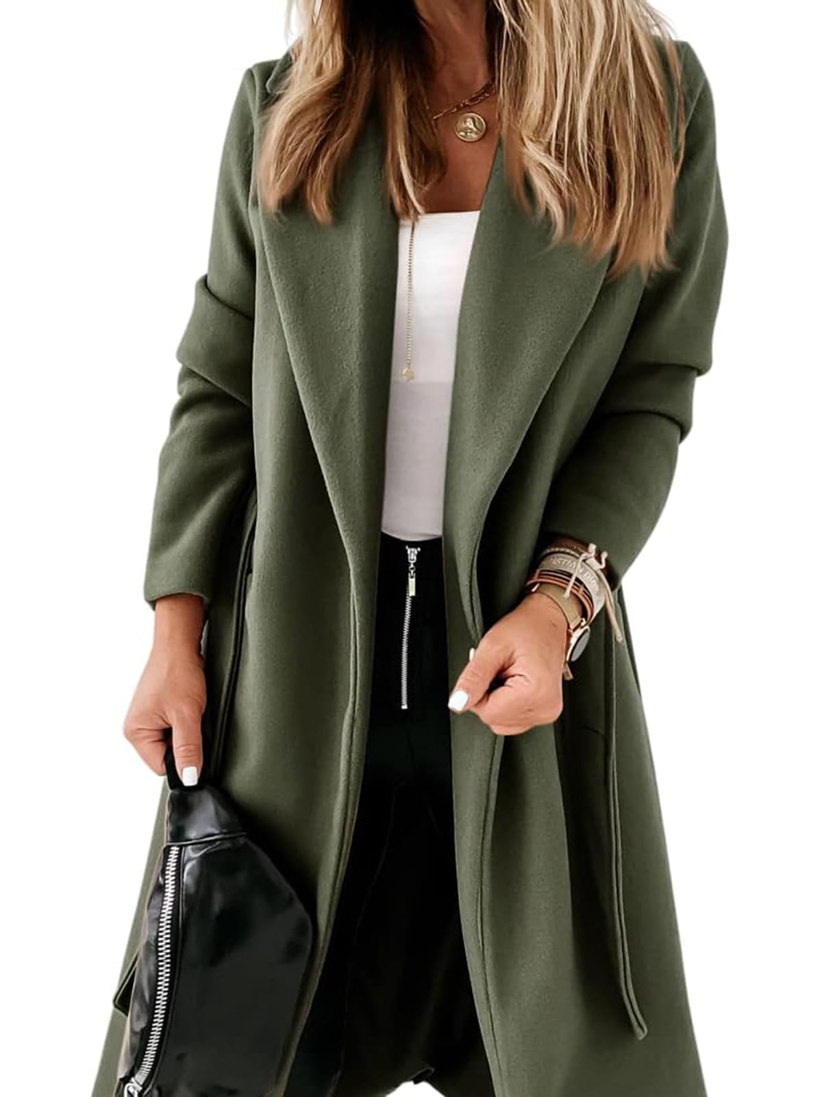 Photo 1 of Tankaneo Womens Notched Lapel Collar Coats Open Front Long Jackets Overcoat with Belt