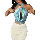 WDIRARA Women's Halter Draped Front Tank Top Sexy Metal Shell Tie Backless Going Out Crop Tops