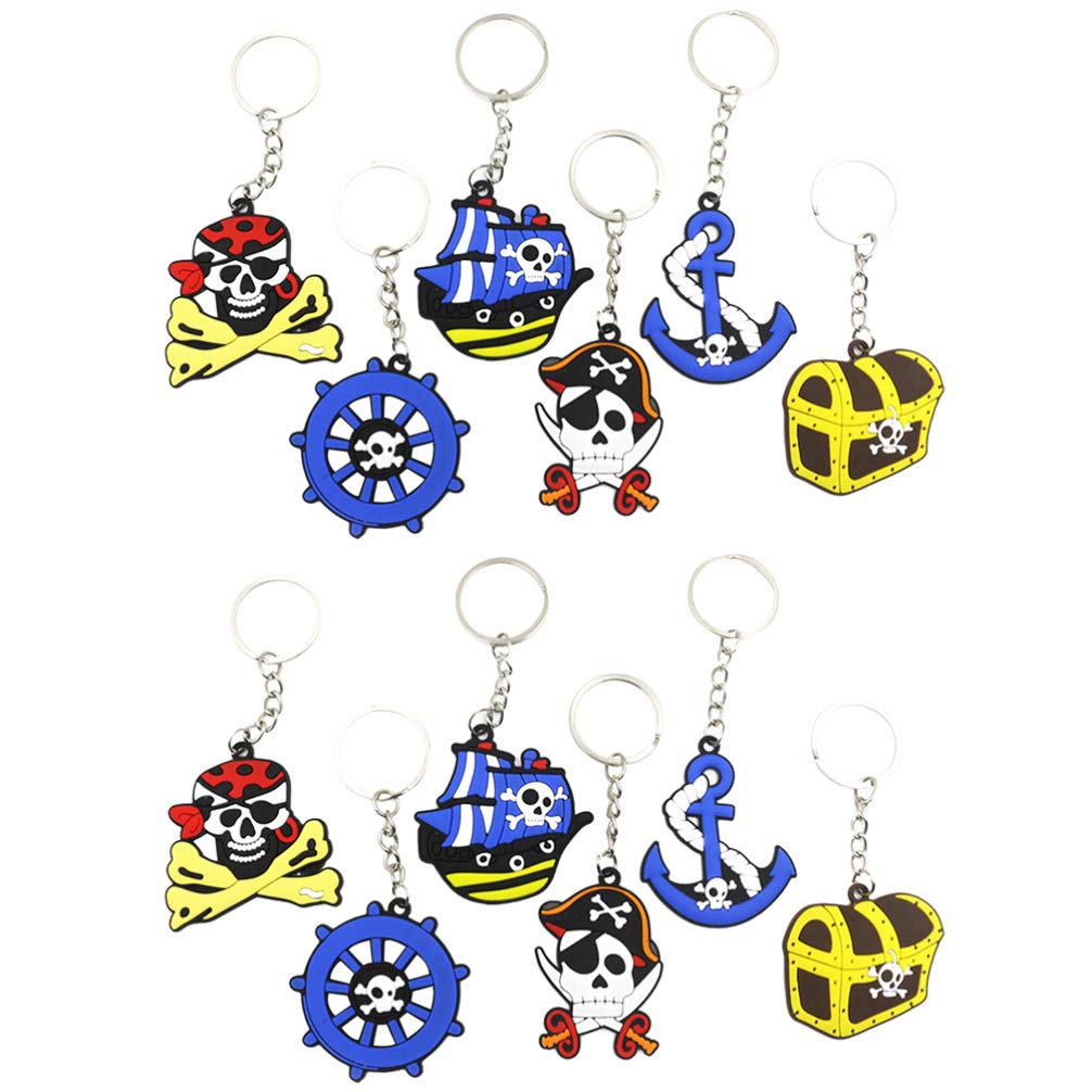 Amosfun 12pcs Pirate Keychain PVC Keyring for Kids Girls Boys Children Birthday Bag Fillers Toys, Halloween Pirate Party Favor Decor(Random Style)