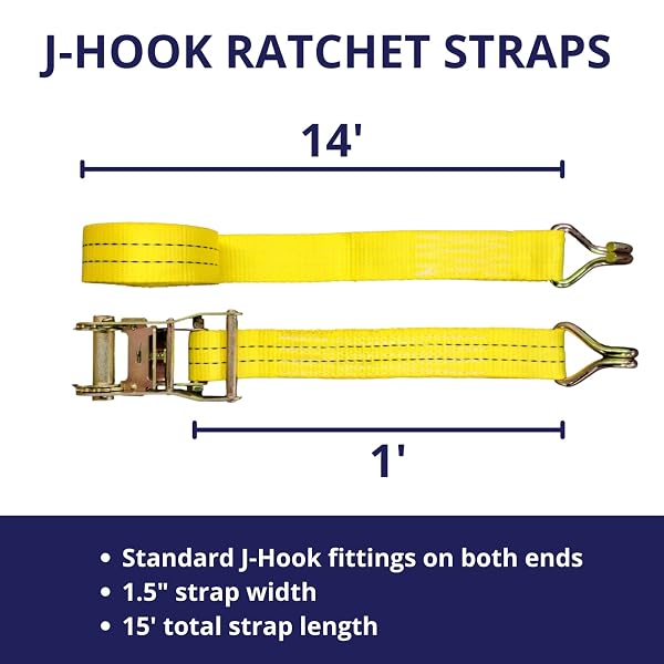 RATCHET TIE DOWN STRAPS, 1.5 IN X 15 FT, 4,400 LB BREAKING STRENGTH, J-HOOK, 10-PACK