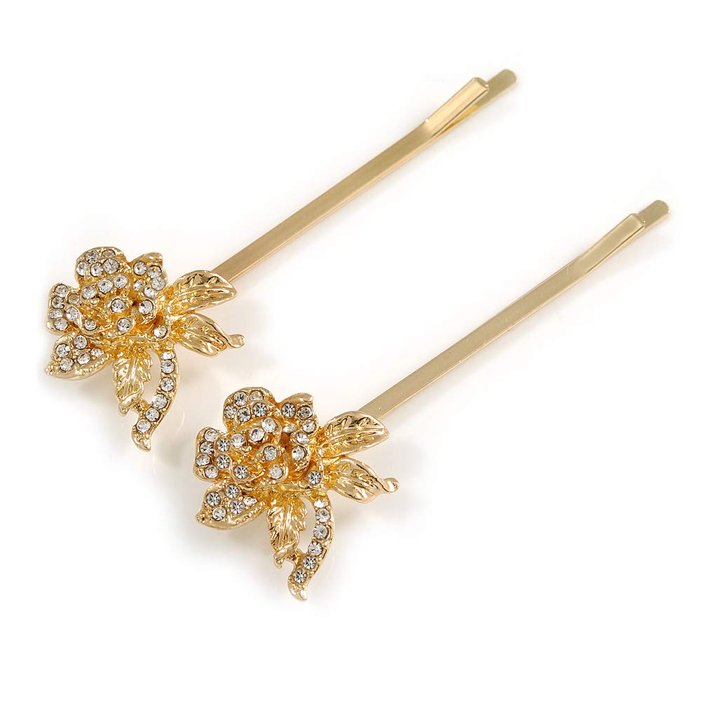 2 Bridal/Prom Clear Crystal Rose Flower Hair Grips/Slides In Gold Tone - 65mm Across