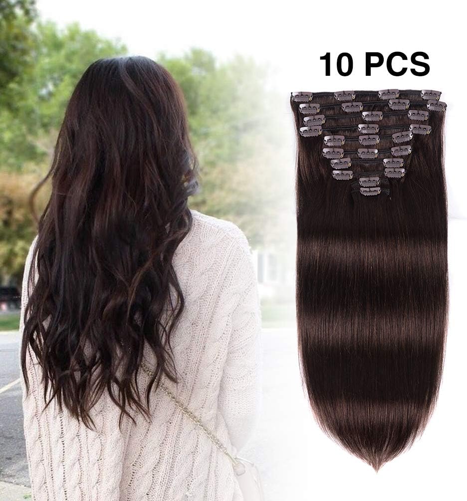 Real Clip in Hair Extensions Human Hair 22 inches Dark Brown #2 Color 10Pieces 130g Double Weft Soft Thick Straight Full Head Remy Human Hair Extension for Women (22”-130g, Dark Brown #2)