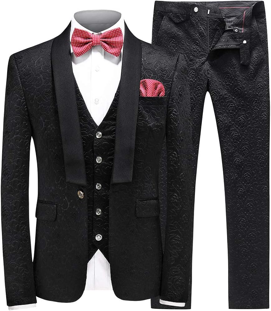 Mens Suit Jacquard Silm Fit 3Piece Shawl Lapel Tuxedo Wedding Party
