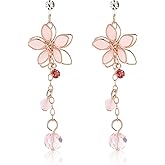 Peasimy Pink Cherry Blossom Dangle Stud Earrings for Women Cute Enamel Diamond Flower Drop Dangling Earrings Wedding Birthday Party Jewelry Gifts