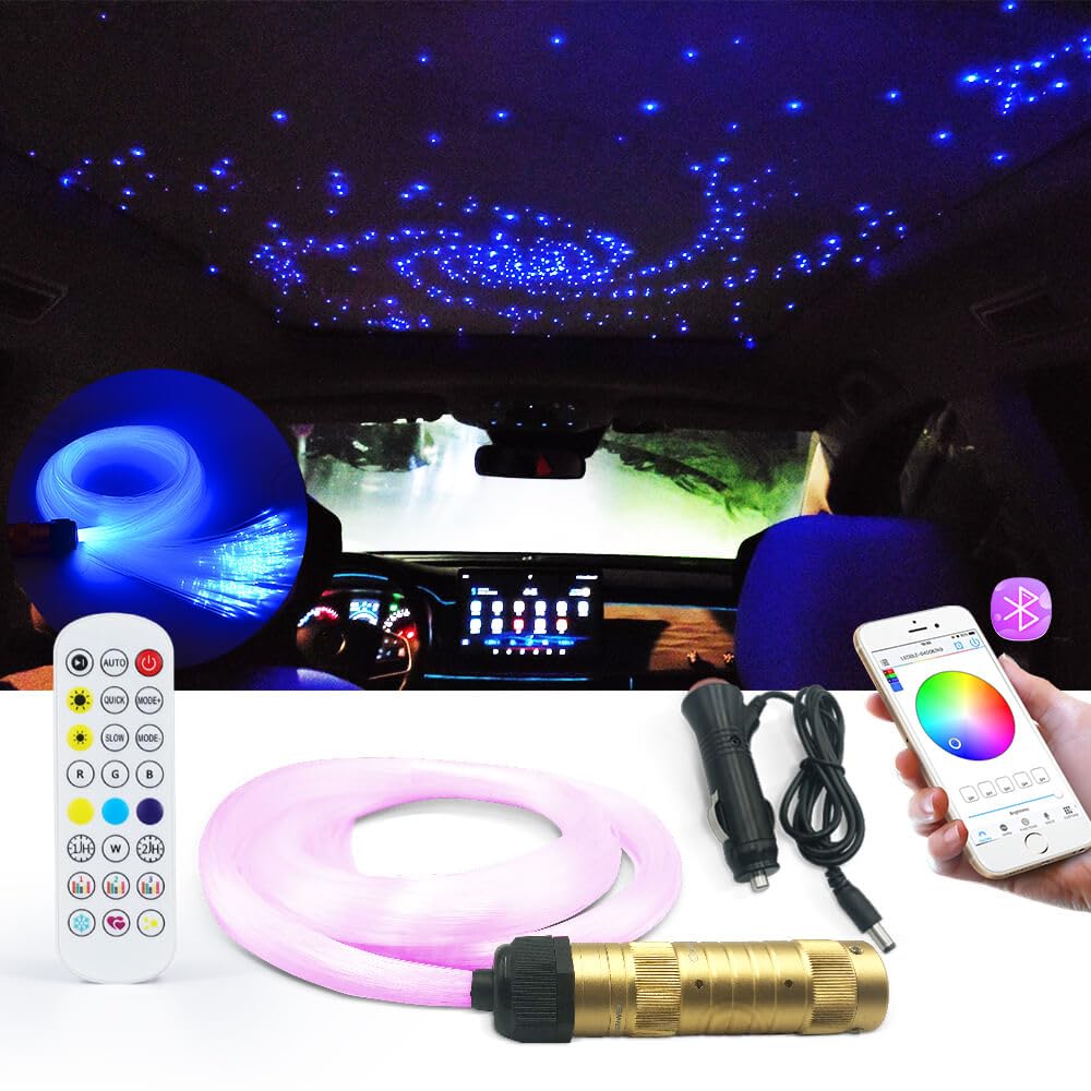 RGBW LED Fiber Optic Lights Kit,Bluetooth Music Activated Starlight Headliner Kit with 200pcs,6.5ft,0.75mm FiberOptic Cables Remote Control for Home/Car Star Ceiling Atmosphere Lighting
