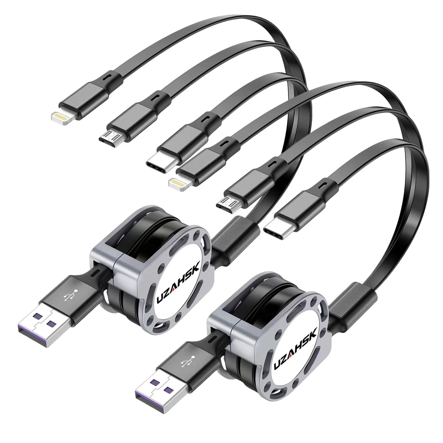 Photo 1 of UZAHSK Multi Charging Cable 4ft 3 in 1 USB Retractable Phone Charger Cable with Type C/iOS/Micro USB Port Connector, Compatible with Cell Phones 15/14/13/12/11/S24/S23/S20+/Tablets ect. (2Pack)