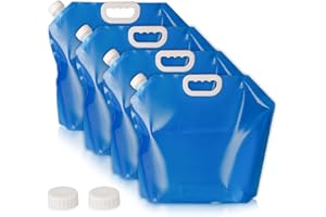 Hakkin Collapsible Water Tank Container 4 Pack 1.3 Gallon/5L, No-Leak Freezable Portable BPA Free Food Grade Plastic Storage Jug for Camping, Hiking, Travel, Emergency Survival Kit Bonus 2 Pcs Caps