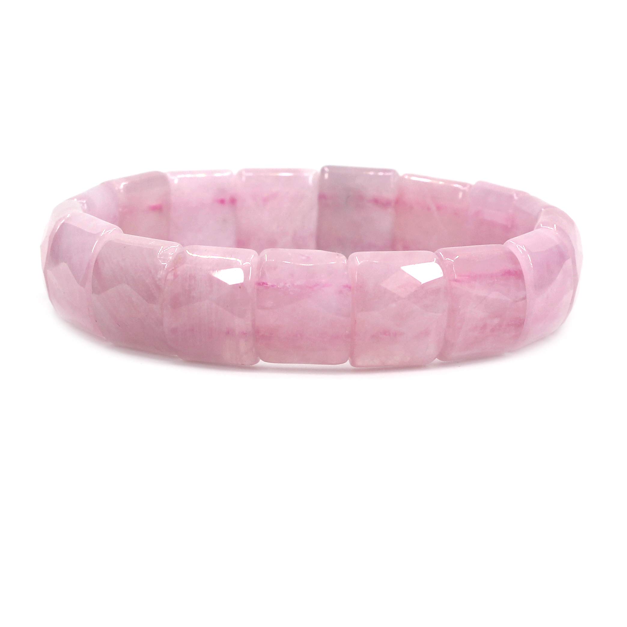 CHENYUE Natural Rose Crystal Gem Semi Precious Gemstone 15mm Faceted Square Grain Beads Stretch Bracelet 7.5 Inch