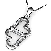 DEPHINI - Two hearts Necklace - Cubic zirconia Jewelry - Double heart 925 Sterling Silver pendant - Rhodium Plated