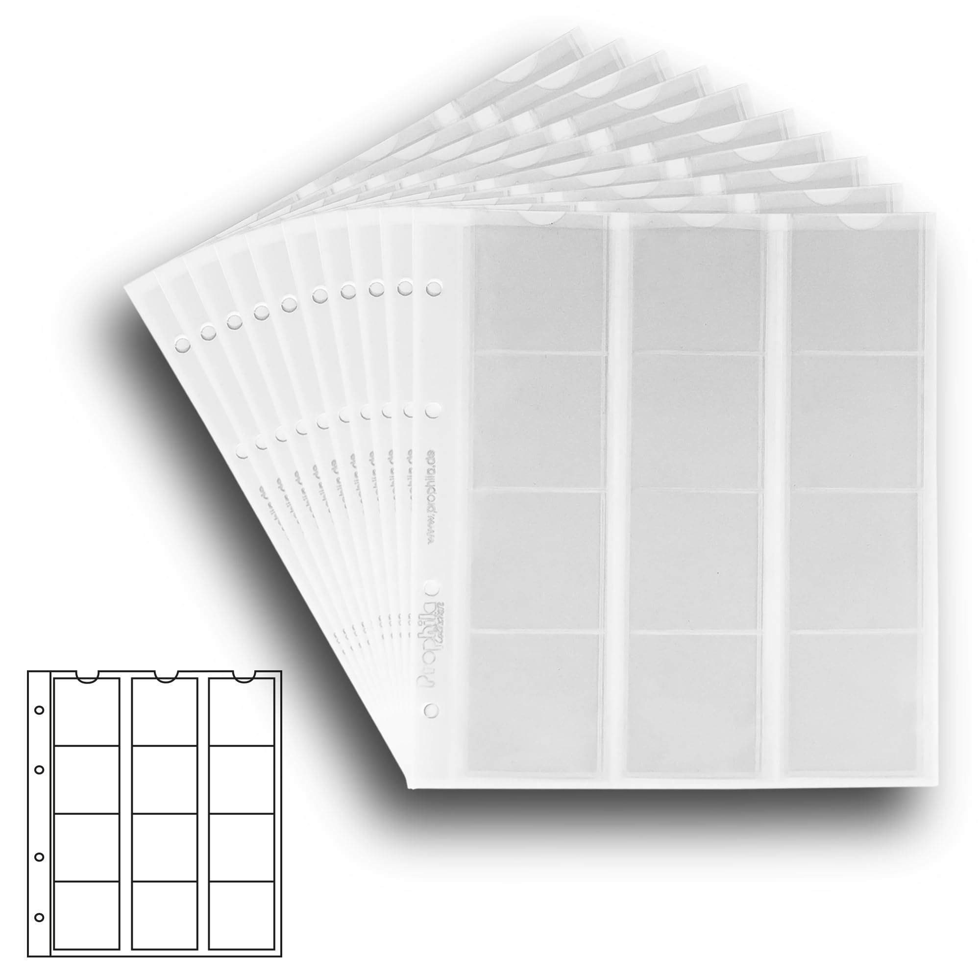 10 numismatic Prophila coin sheets, 12 pockets up to 44 mm diameter