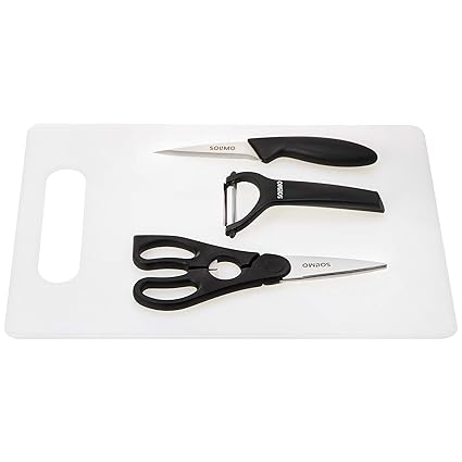 Amazon Brand - Solimo Chopping Board Set of 4 (Includes: Knife, Scissor, Peeler and Chopping Board)