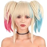 KiyaCos Short Harley Blonde Blue Pink Anime Cosplay Costume Wigs Fashion Women Anti-hero Character Wig Detachable Ponytails