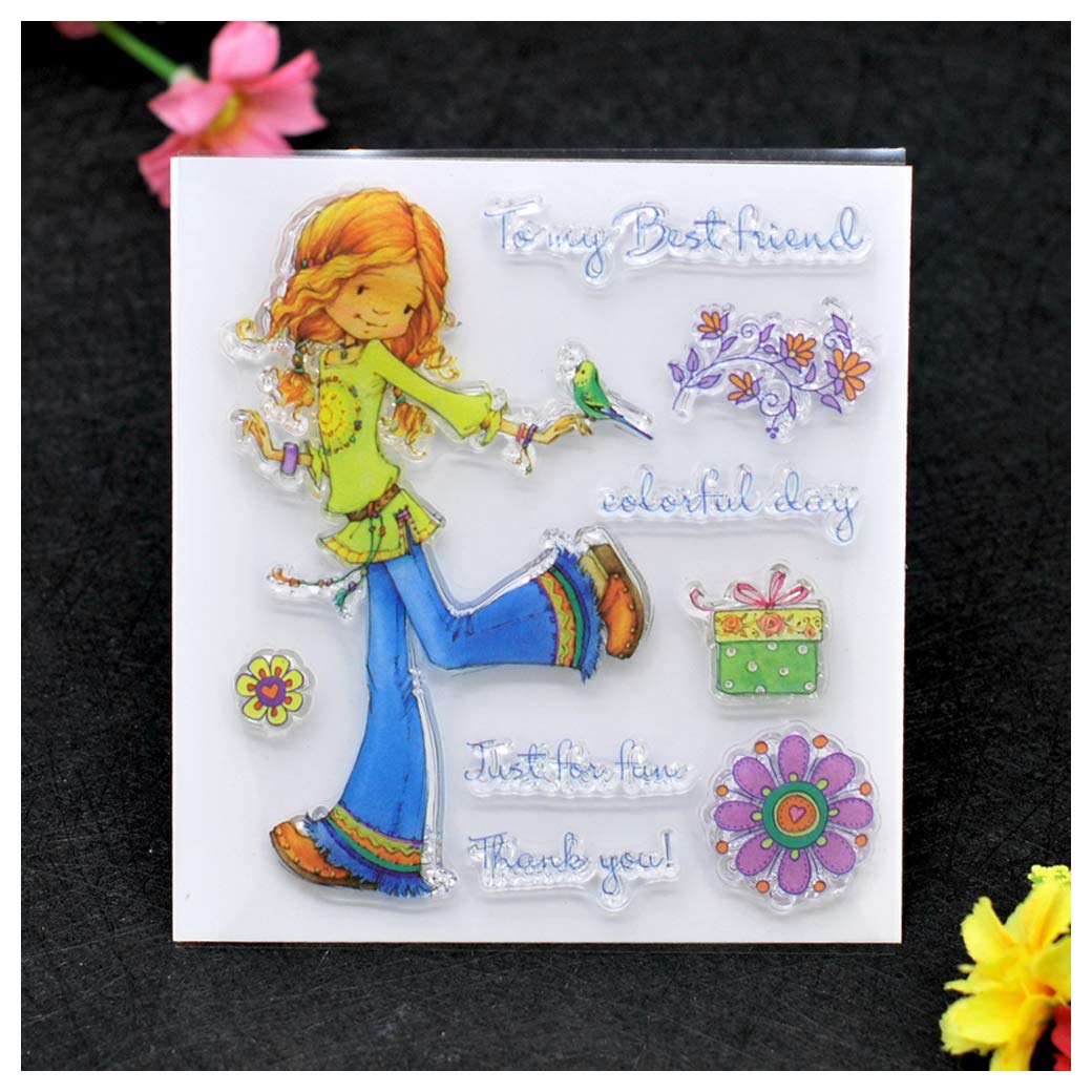 Kwan Crafts Dancing Girl Flowers Bird Giftbox Just for Fun Thank You Clear Stamps for Card Making Decoration and DIY Scrapbooking