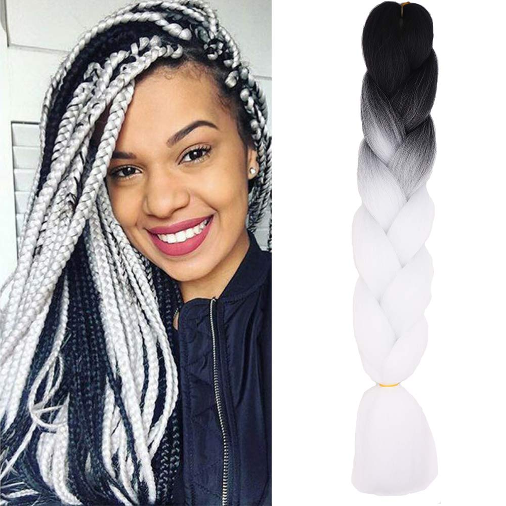 Jumbo Braiding Hair Pieces 1 Bundle 24inch Jumbo Braids Hair Extensions Crochet Twist Hair Synthetic High Temperature Fiber Afro Box (Black&Pure White)