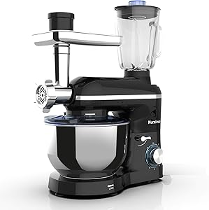 Nurxiovo 3 in 1 Stand Mixer 850W 6 Speed Tilt-Head Kitchen Mixer with 6.5QT Mixer with Stainless Steel Bowl, Dough Hook Whisk Beater, Multifunction Standing Mixers, Meat Blender and Juice Extracter Black