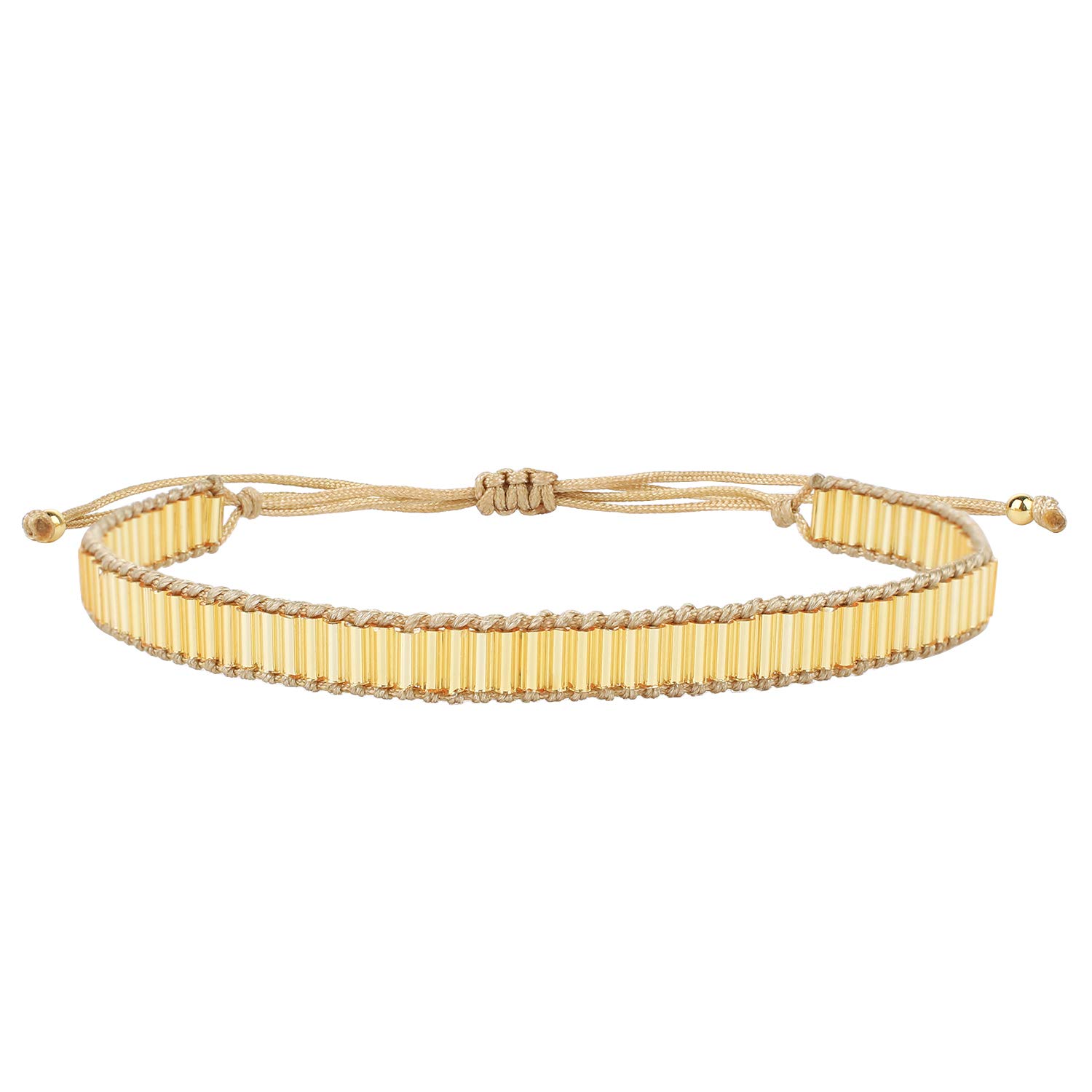 C·QUAN CHI Long Seed Bead Bracelet for Women Braided Rope Cuff Bangle Adjustable Jewelry - Translucent Gold